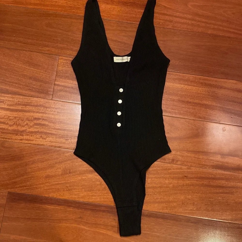 Black Button Down Deep V Bodysuit